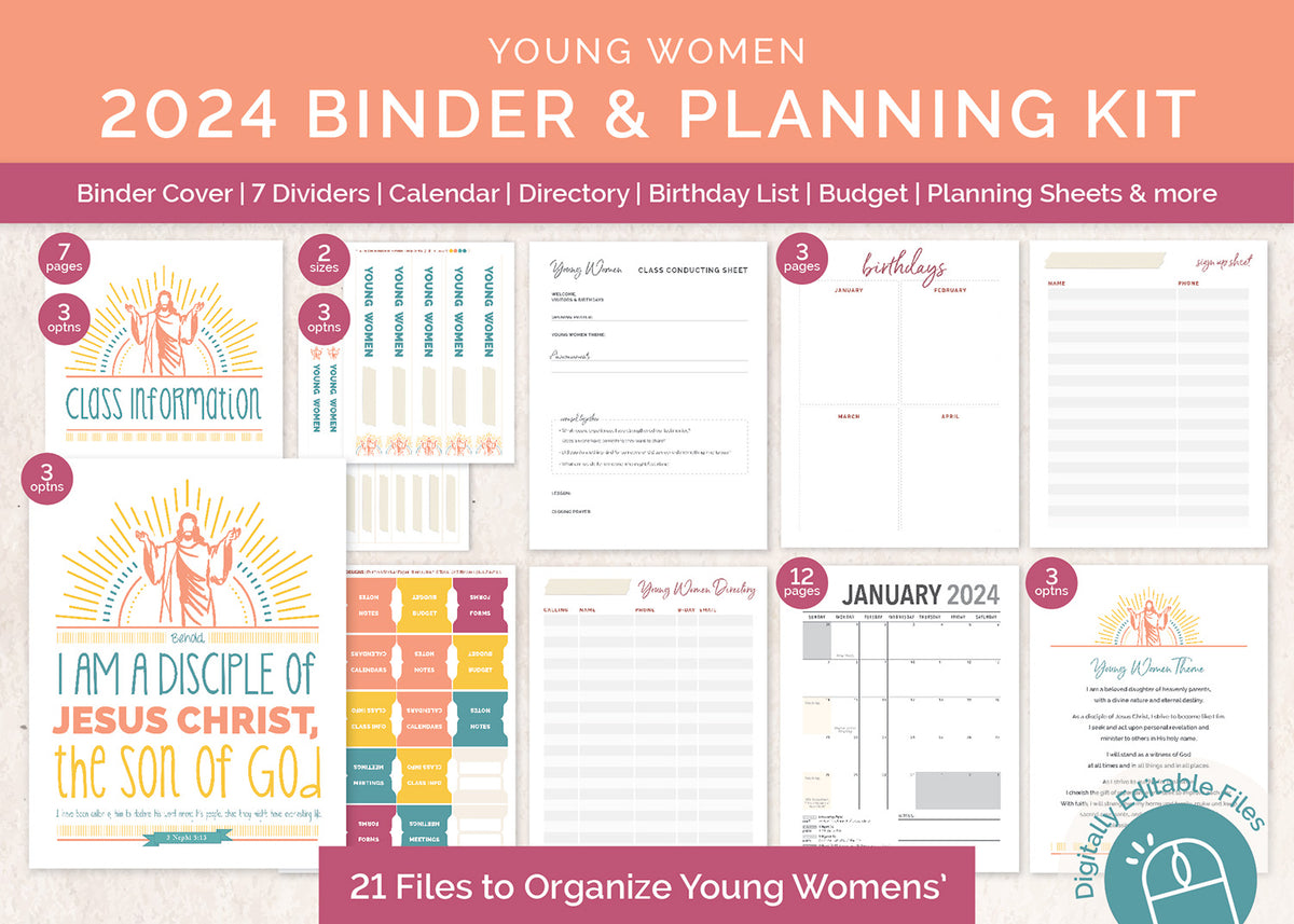 2024 LDS YW Presidency Planner, Editable PDF, Binder Covers, Divider Pages,  Tabs, 62 Printable Planner Pages in Color & Black and White 
