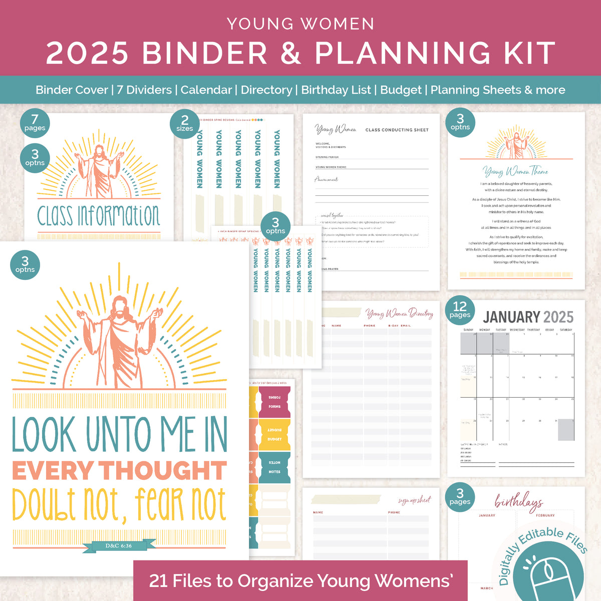 LDS 2025 Young Women Planner Printable, Look unto Christ Theme Binder