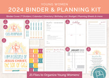 Load image into Gallery viewer, LDS 2024 Young Women Planner Printable,  I am a Disciple of Jesus Christ Theme Binder Pack, Young Women Calendar, Editable PDF &amp; Excel Files